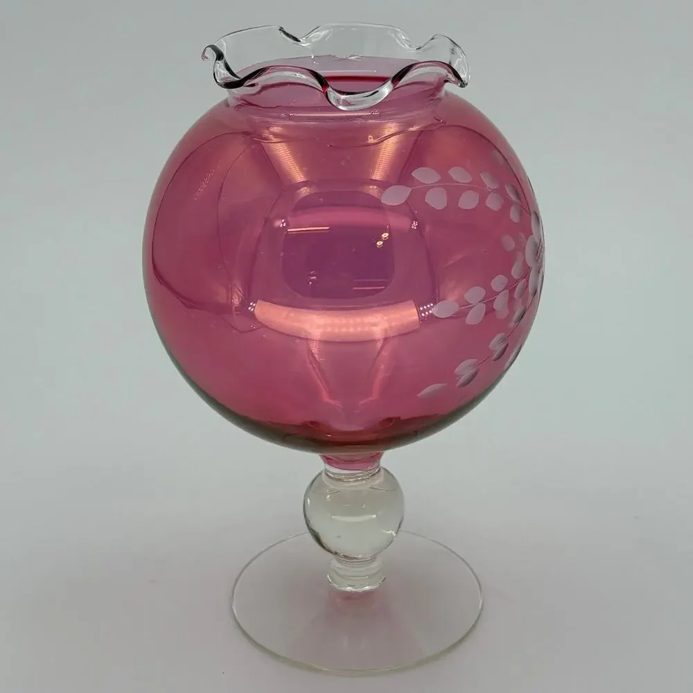 Vintage Cranberry Glass Pedestal Rose Bowl Vase, Etched Flower, Ruffled Rim 8